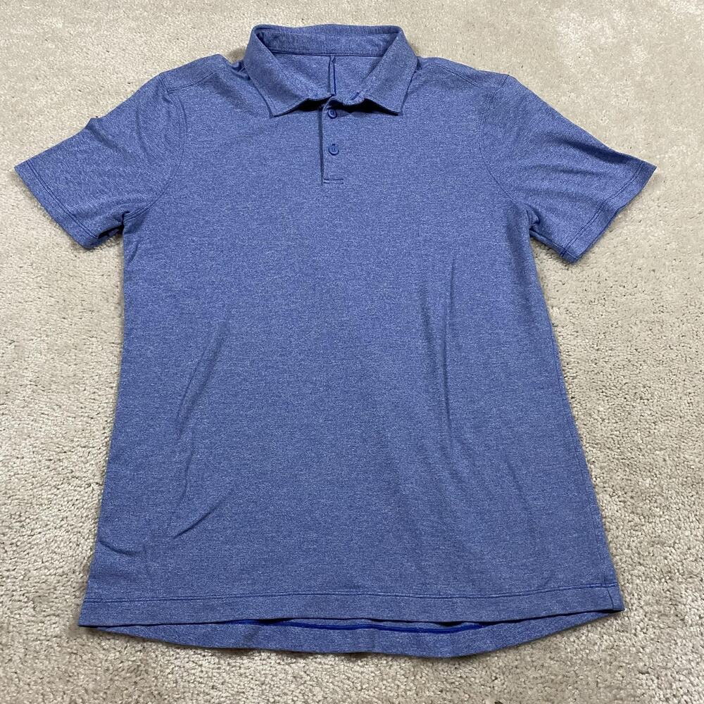 Lululemon Polo Shirt Mens M Blue Solid Knit Short Sleeve Summer Stretch